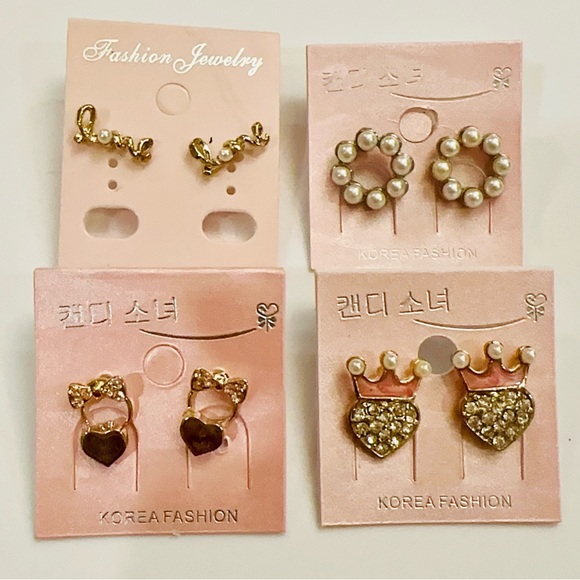 Fashion Jewelry Jewelry - Korean Fashion 4 Pairs Pearl Trim/Rhinestones/Bow/heart/love Stud Earrings Brea